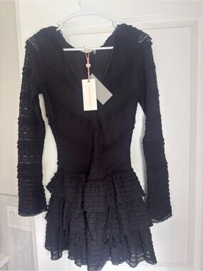 LoveShackFancy Black Ruffled V-Neck Dress